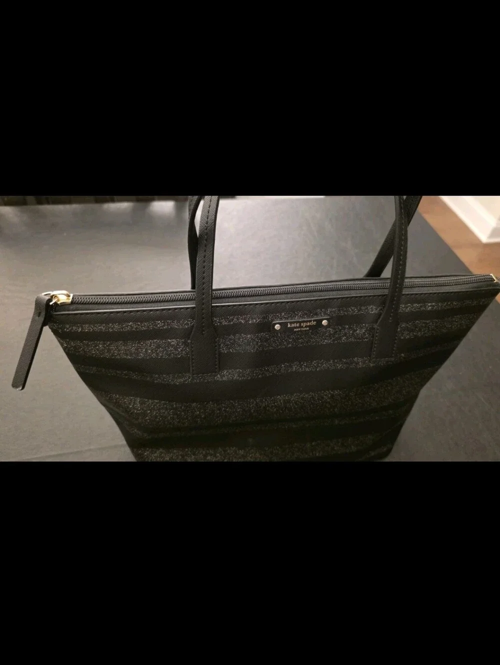 KATE SPADE Hani Haven Lane Tote NEW Black Striped Women Glitter Purse Handbag